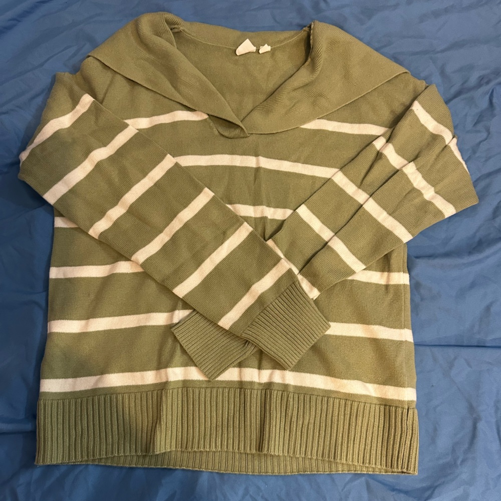 GAP Olive Green and cream Striped V-Neck Sweater